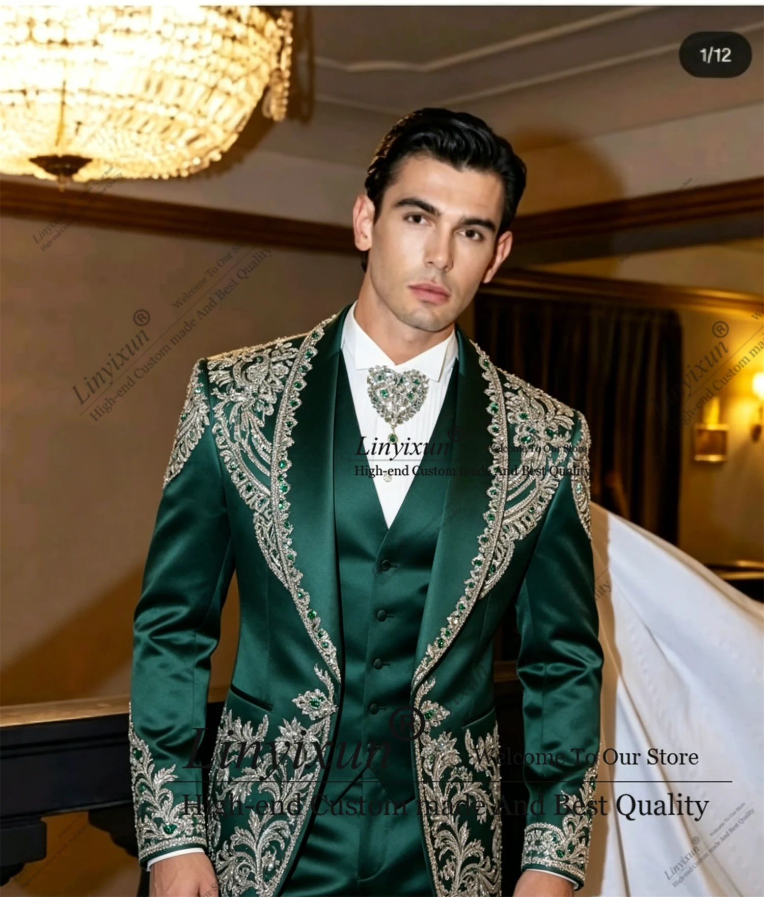 

Stunning Embroidery Ornament Men Suits Customized Party Tuxedos Shawl Lapel Ropa Hombre 3 Pieces Sets Wedding Groom Male Blazer
