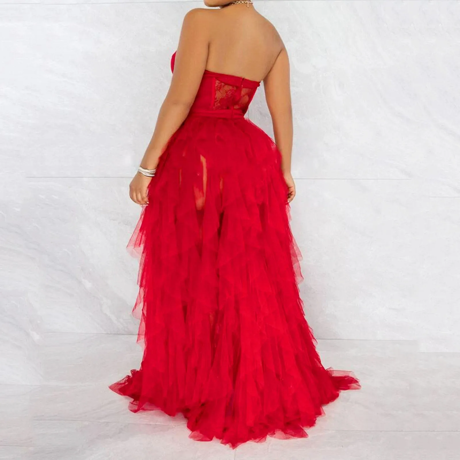 Women Elegant Party Dresses See Through Lace Mesh Corset Maxi Dress Strapless Hollow Tulle Black Red Dress Luxury Evening Gown