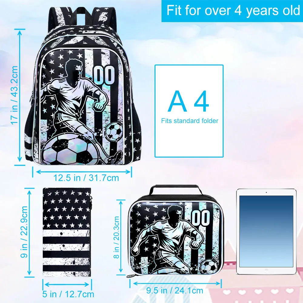 Tas Ransel Sepak Bola 17 inci untuk Anak Laki-laki, 3Pcs Tas Sekolah Anak Tahan Air untuk Prasekolah, Tas Sekolah TK Keren dengan Kotak Makan Siang