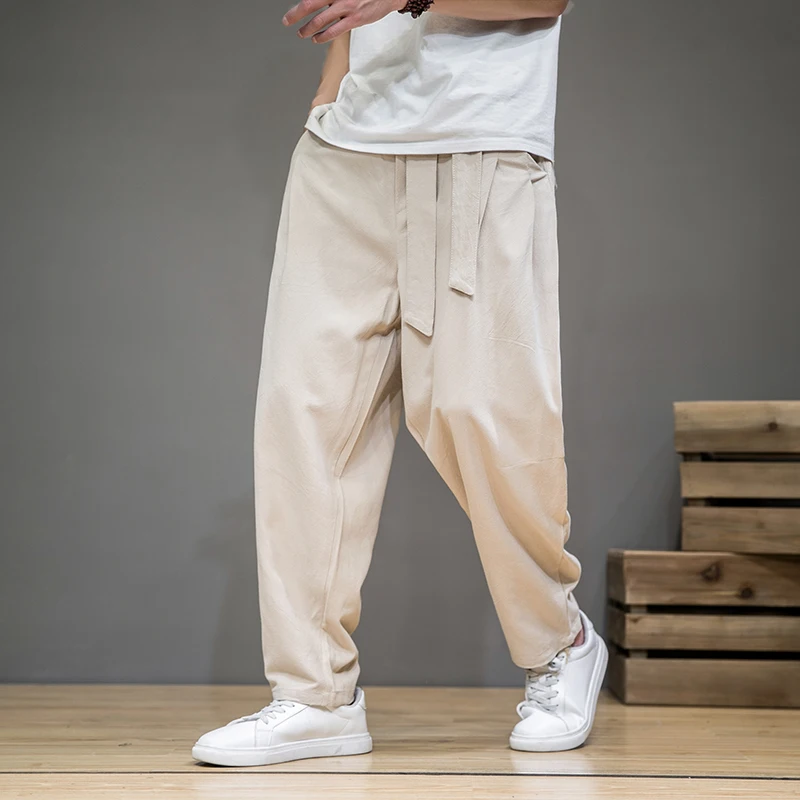 Pantalones bombachos de lino y algodón para hombre, pantalón informal de cintura elástica, holgado, tradicional chino, Primavera