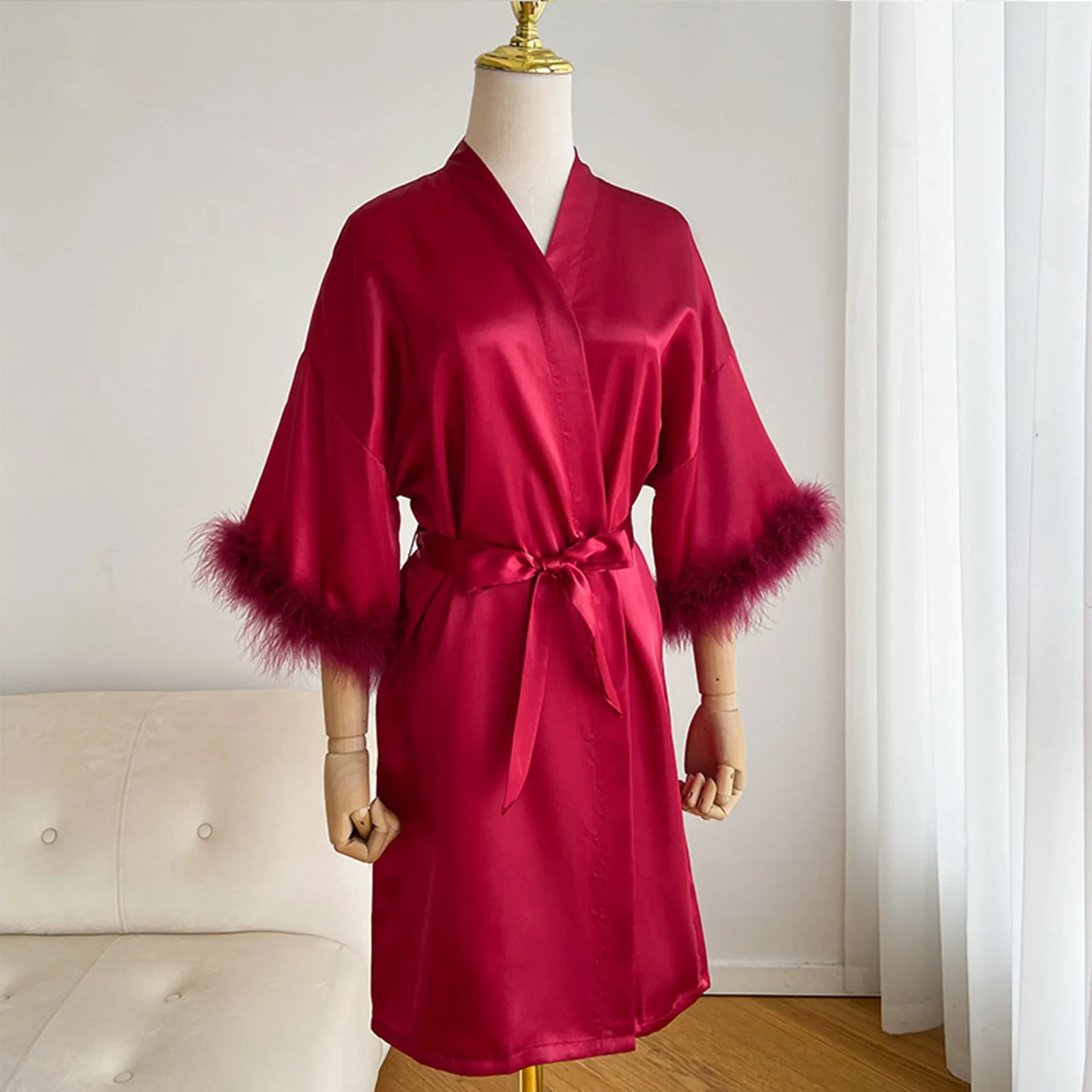 New Sexy Kimono Wedding Bride Morning Robe Silk Feathers Sleeve Pajamas Long Sleeved Outer Robe Seasons Wine Glass Pajamas