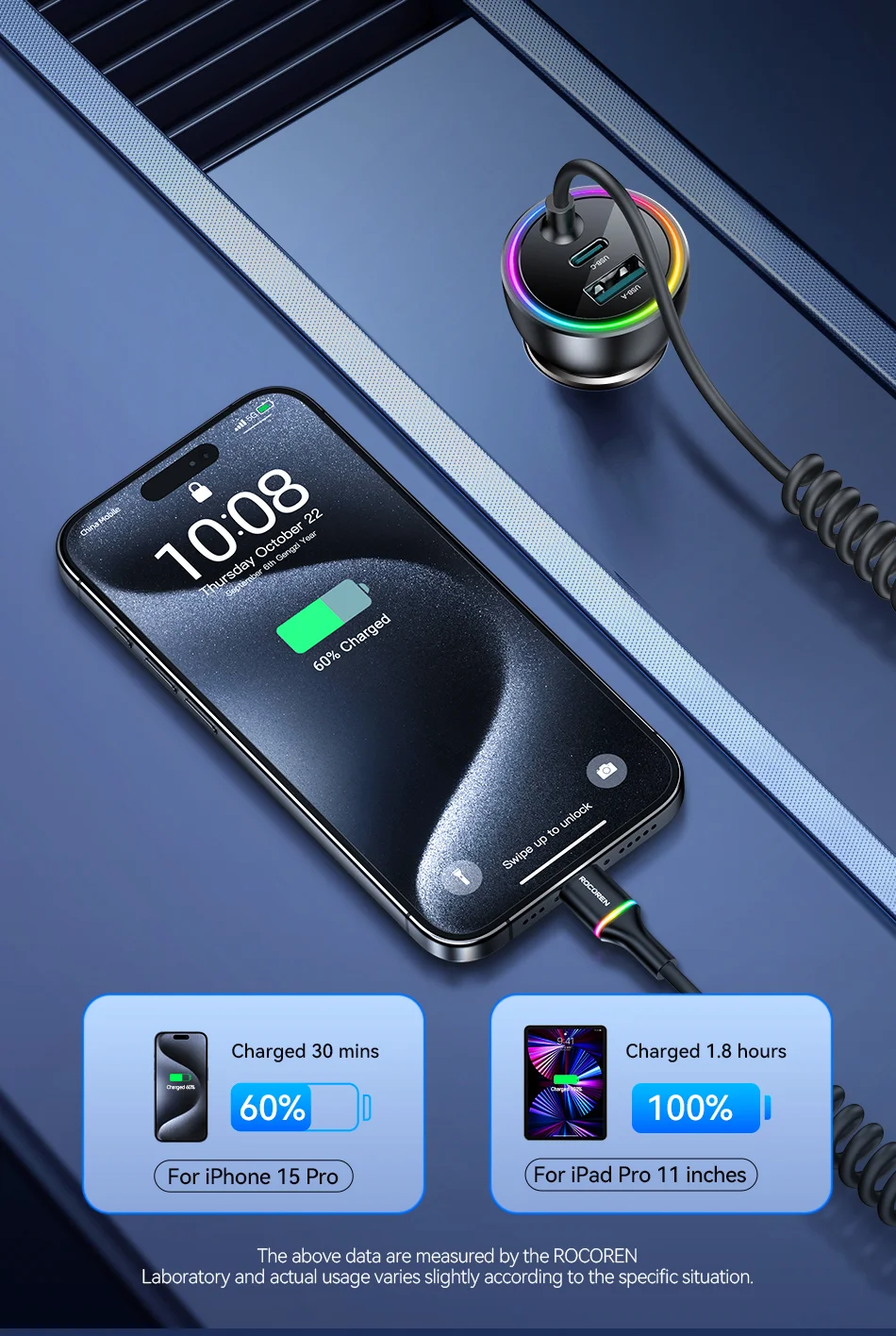 Rocoren 70W USB-Autoladegerät, schnelles Laden, PD 35W USB-C-Autoladegerät mit Federladekabel, Typ-C-Autoladegerät für iPhone Xiaomi – Detail 9