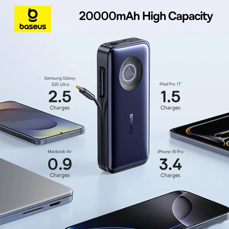 베이스어스 100W 20000mAh 파워뱅크 내장형 리트랙터블 USB-C 케이블 PD 외장 배터리 파워뱅크 맥북 프로 아이폰 17 삼성용