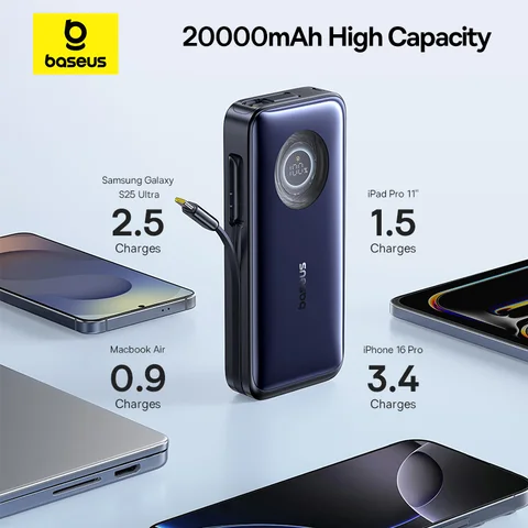 Baseus 100 Вт 20000 мАч Power Bank Встроенный выдвижной кабель USB-C PD Внешний аккумулятор PowerBank для MacBook Pro iPhone 17 Samsung