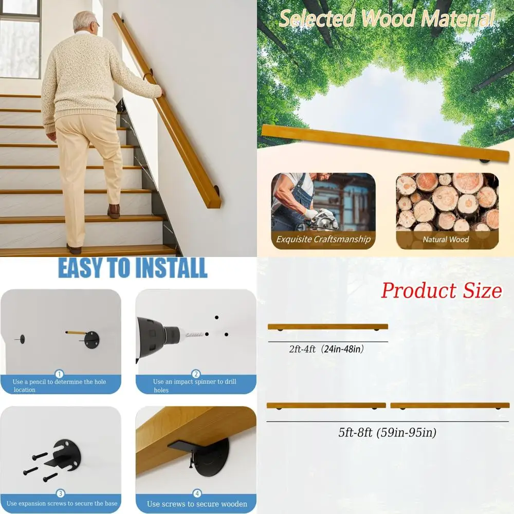 درابزين سلالم خشبي داخلي بطول 5 أقدام، درابزين مثبت على الحائط، درابزين سلم داخلي غير قابل للانزلاق لسلامة المنزل والحديقة #1