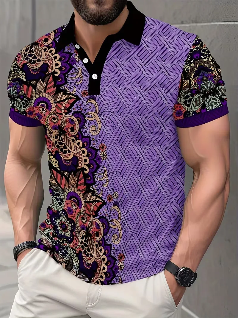 Vintage Purple Tribal Floral Polo Shirt Men's Short Sleeve Button Placket Golf Polo for Daily Casual & Beach Outfits