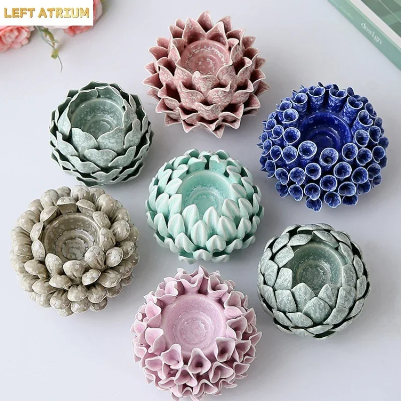Handmade Ceramic Candlestick Layered Petals Candle Stand Desktop Decorative Handicrafts Candle Holders Home Decoration