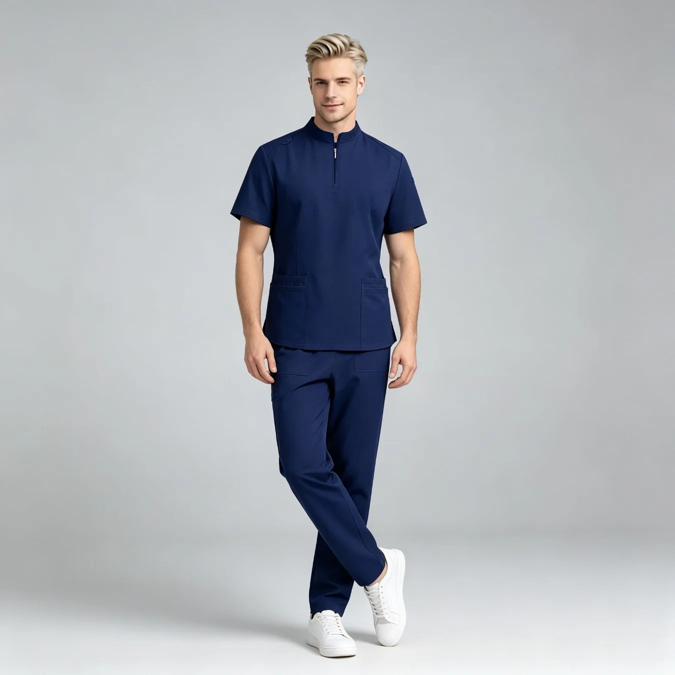 Multi Pocket Stand Collar Zip Short Sleeve Scrub Uniform Set Straight Leg Trousers For Hospital Clinic Beauty Salon SPA