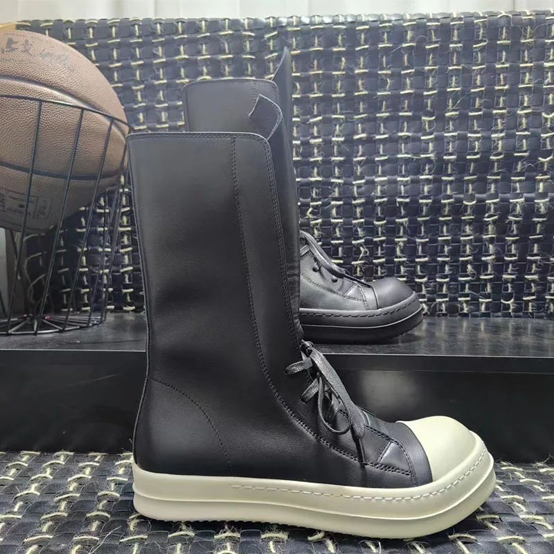 Men Genuine Leather Mid-Calf Boots Luxury Trainers Lovers High Top Boots Casual Lace-Up Zip Flats Hip Hop Male Shoes