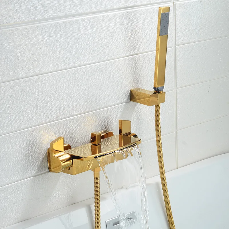 Bathtub Faucet Set Wall Mounted Bathroom Waterfall Basin Faucet Brass Double Lever Shower Mixer Taps Brass