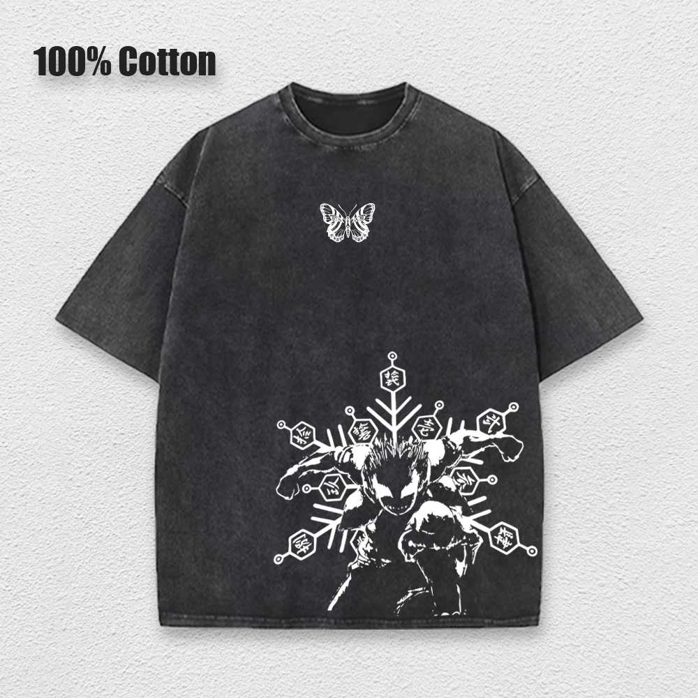 

Anime Printed Washed Tshirt Demon Slayer Akaza Poster Performance Top Men Retro Harajuku Style Pullover Short Sleeves Unisex