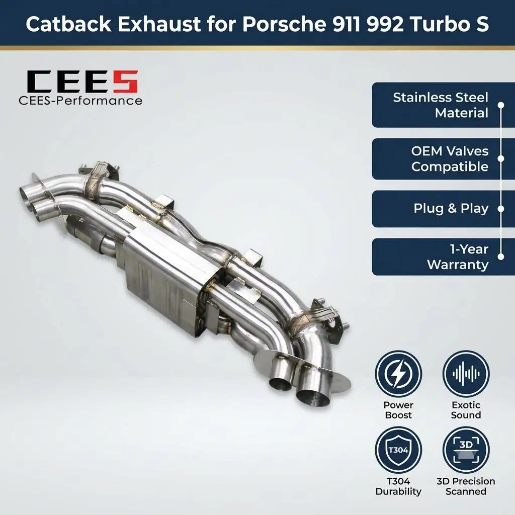 CEES Factory Valve Catback Muffler for Porsche 911 992 3.0T 2019-2024 Stainless Steel Exhaust with X Pipe OEM Car Exhaust System