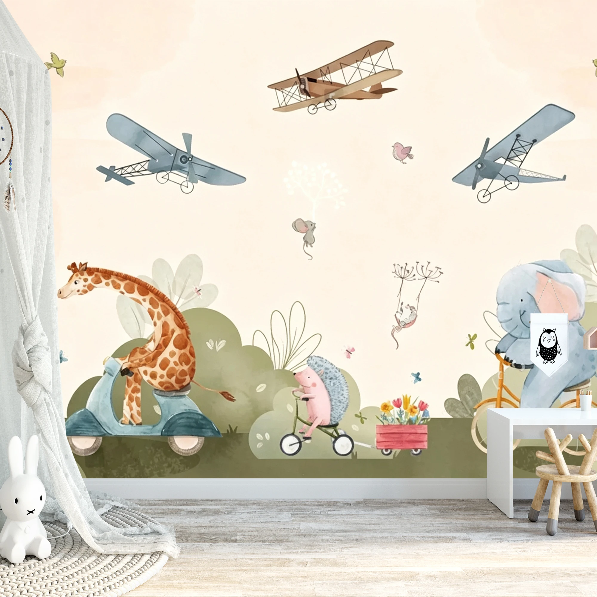 Custom Kids Wallpaper Giraffe Elephant Hedgehog Bicycle Airplane Forest Mural for Baby Nursery Bedroom Wall Decor