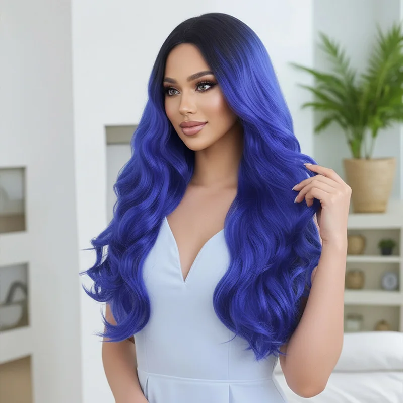 Nueva peluca teñida media negro cambio Gradual azul pelo largo y rizado peluca de temperamento de moda tocado