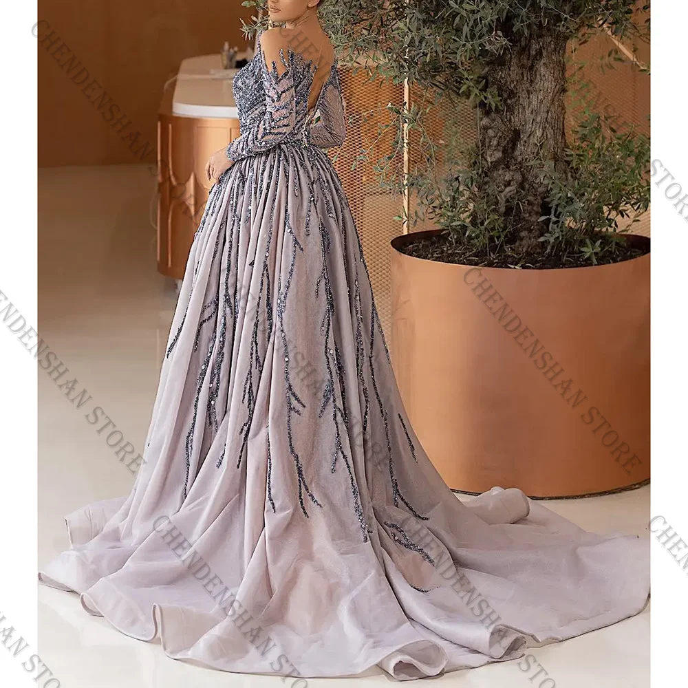 Elegant Purpler Long Sleeves V Neck Floor Length Evening Dress Female Formal Party Prom Gown vestidos de fiesta