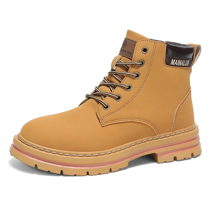 Sepatu Boots Pria Klasik High Top Berkualitas Tinggi Kulit Kuning Sepatu Sneakers Fashion Outdoor Pria Tali Sepatu Anti Selip Sepatu Boots Pendek untuk Pria