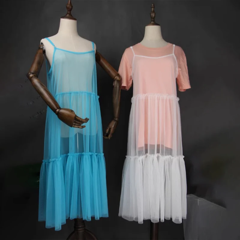 Spaghetti Sheer Dresses Leisure Straps See Through Outer Dress Spring Summer Sweet Tulle Long Women Casual Preppy Style Dress