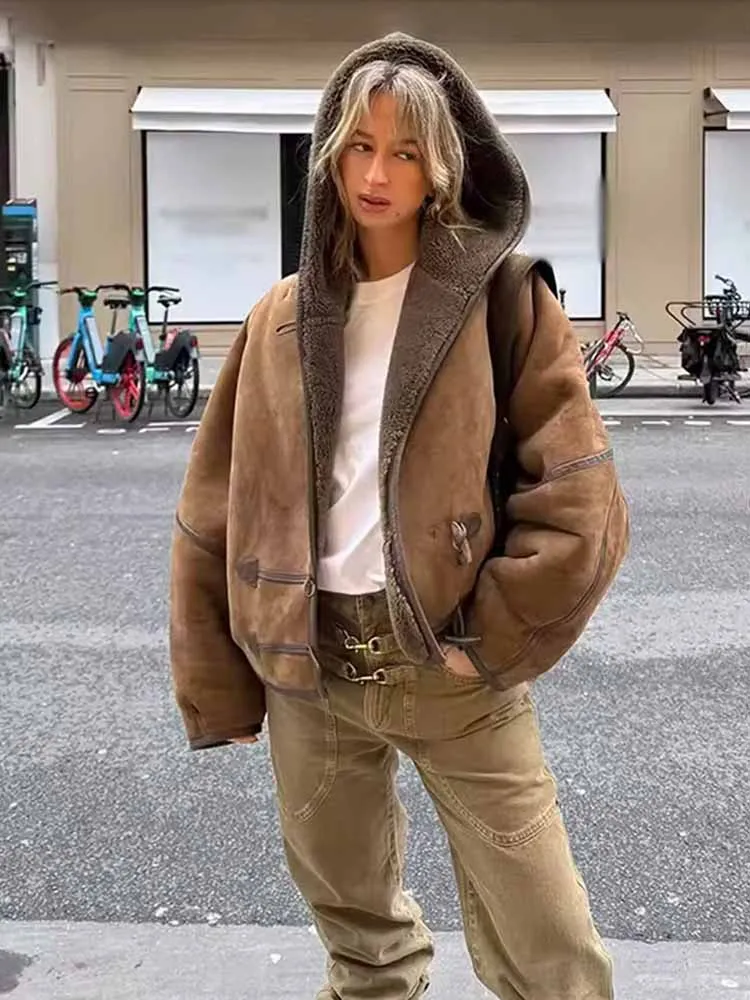 HH Woman Winter Fashion Versatile Hooded Long Sleeves Pocket Decoration Artificial Fur Sherpa Jacket Female Casual Warm Coat