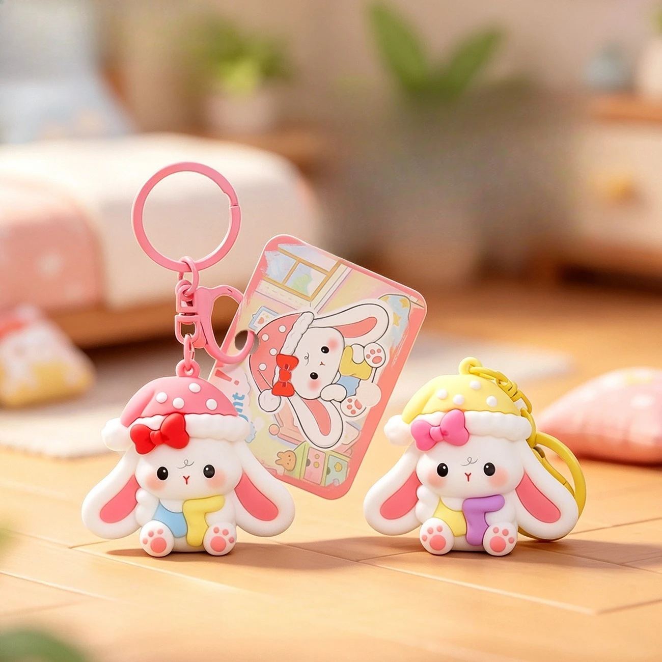 Kawaii Bunny Keychain Sleeping Hat Rabbit PVC Pendant Bag Charm Backpack Accessories Cute Rabbits Keyring Gift for Girls Kids