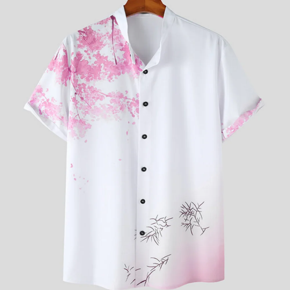 Pure White Tops Cherry Blossom Print Men\'s Short-sleeved Shirts For Vacation Daily Wear Men\'s Short-sleeved Shirts Oversized Top