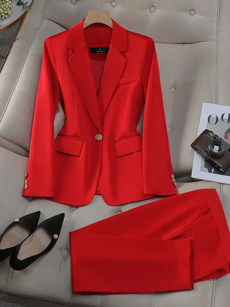 Fashion Office Ladies Pant Suit Women Black Red Purple Apricot Female Work Wear Jacket Blazer and Trouser Formal 2 Piece Set