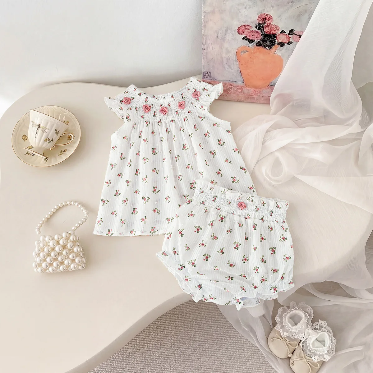 2026 Summer New Girls Flying Sleeve Floral Tops + Shorts 2pcs Suit Baby Girl Cute Sweet 3d Rose Clothes Set Toddler Outfits