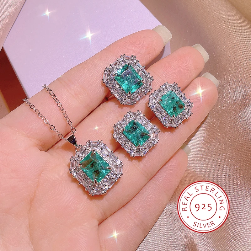 Classic Fashion 925 Silver Jewelry Set Emulates Paraiba Geometric Square Gem Necklace Light Luxury Birthday Anniversary Jewelry