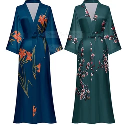 Female Long Robe Nightgown New Spring Summer Sexy Print Flower Kimono Bathrobe Gown Casual Silk Satin Home Dress Lounge Wear