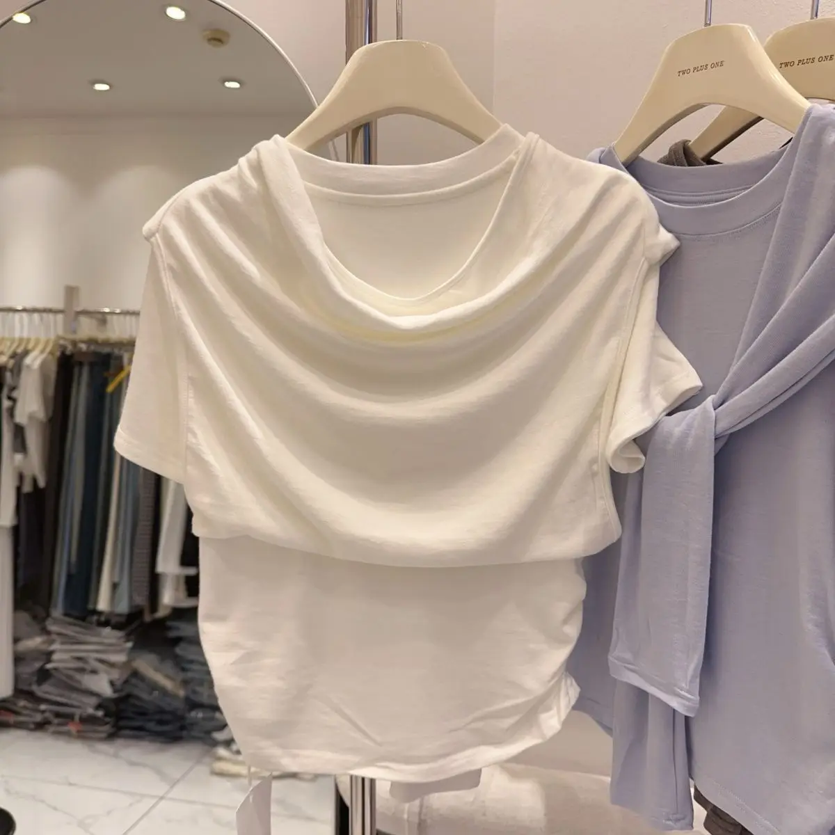 Summer Fake 2 Pieces T-shirts for Women Round Neck Short Sleeve Solid Color Modal with Shawl Top Korean Fashion Female Tees