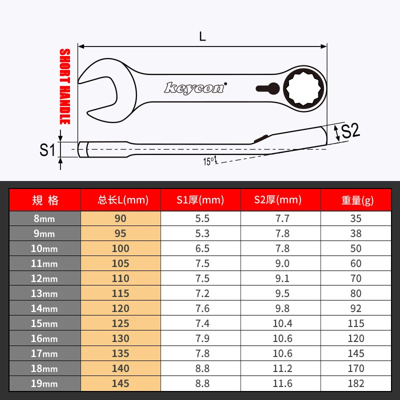 15-19mm Dual Purpose Combination Wrench 72 Teeth Two-way Quick Ratchet Wrench Short Handle Open End Spanner Auto Repair Tools