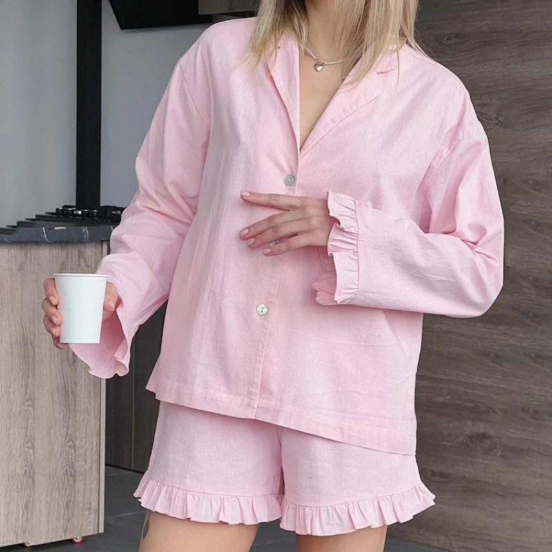 2-Piece Women's Pajama Set, European Style Breathable Sleepwear, Cotton Long Sleeve & Shorts, Lightweight & Relaxed Fit, All-Sea