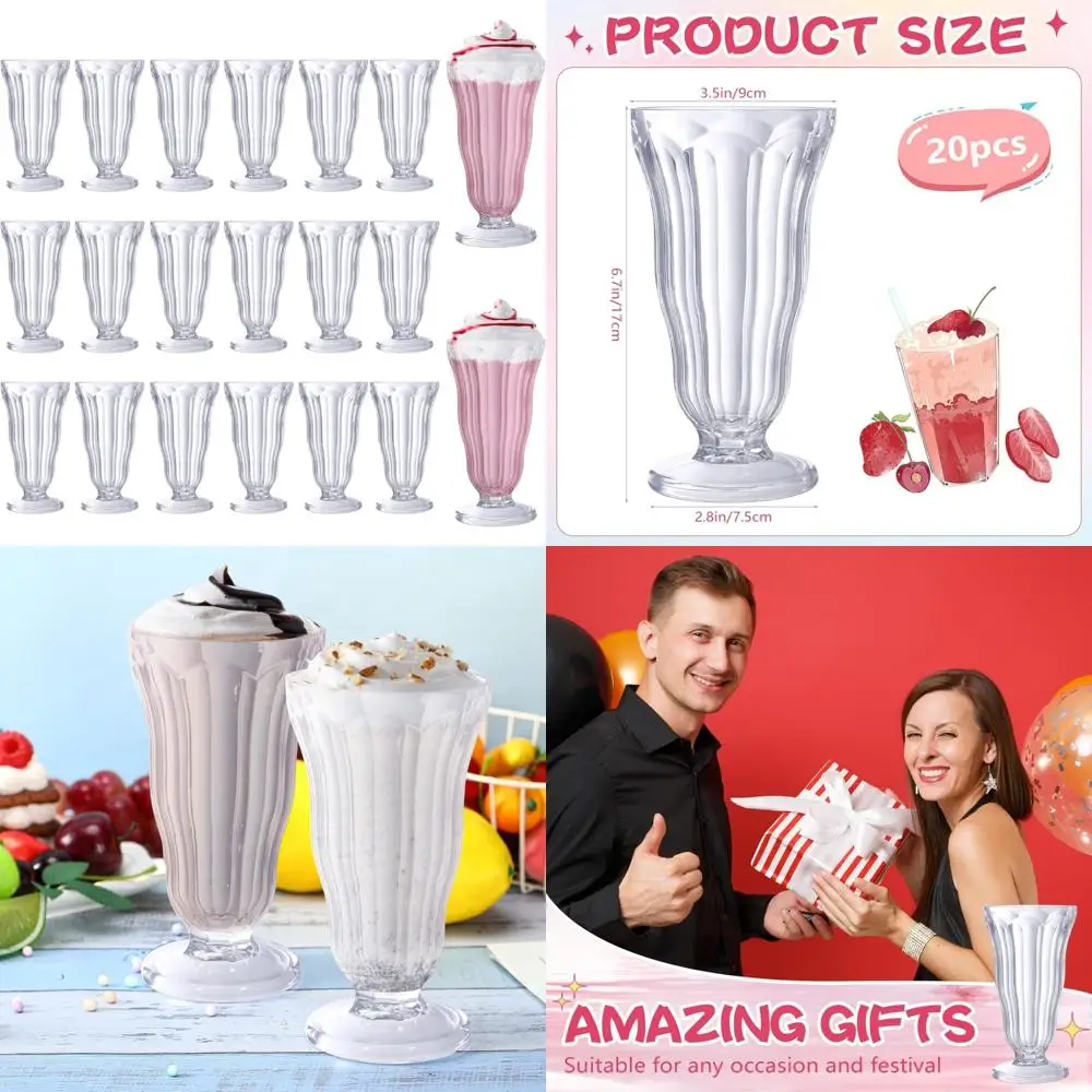 

Прозрачные пластиковые стаканы для молочного коктейля на 16 унций, набор из 20 старомодных стаканчиков для мороженого на ножках для сока и газировки, толстые стаканчики для фонтана