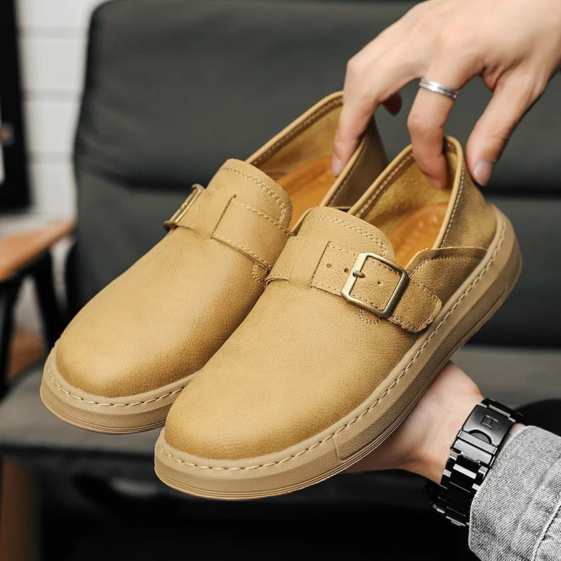 Careaymade-Genuine Leather wide version Men's shoes,Slip-On Casual Shoes Breathable Shoes Fashio thick sole Versatile man shoes
