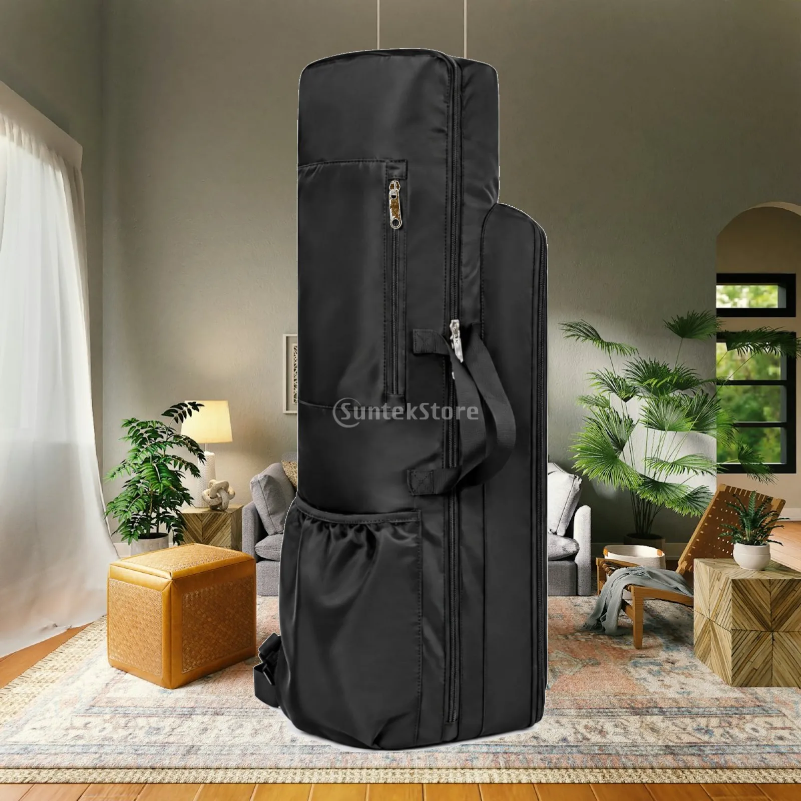 Gym Storage Carrier Black Polyester Fitness Backpack with Pilates Mat Bag Holder 36L Multiple Zippered Compartments