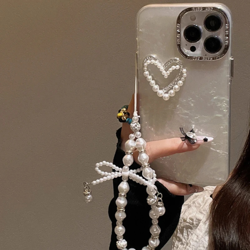 Luxury 3D Shell Pattern Love Pearl Bracelet Phone Case For iPhone 15 14 Pro Max Plus 13 12 11 Plating Frame Anti Fall Back Cover