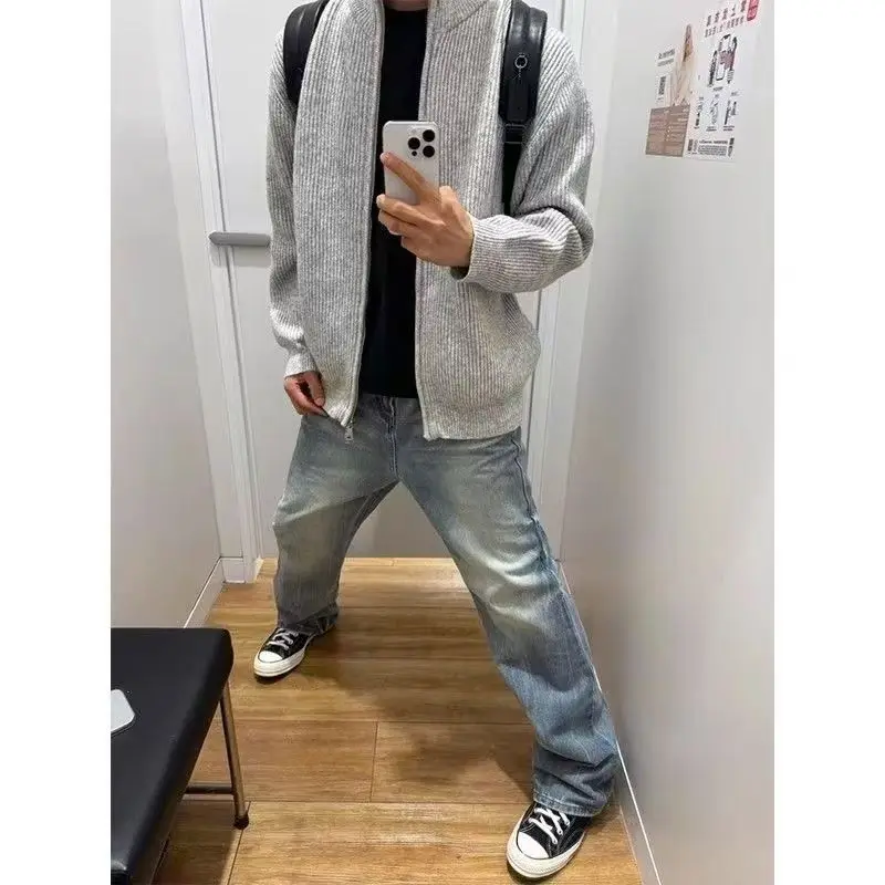 

ay American Sle Knitted Open Cardigan Sweater Men's Loose Zipper Trendy Brand Outerwear Autumn New Lazy Sle Korean System