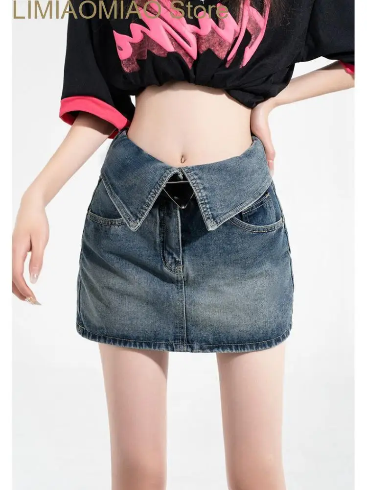 New Vintage Elegant Denim Skirt Women Designer Party Mini Skirt Female High Waist Korean Style Casual Skirt