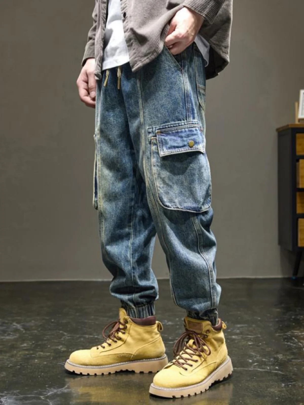 

Retro Waed Workwear Denim Men's Loose Fit Outdoor Wear Multket Harlan Trousers Stand Fit Youth Casual Autumn Wear