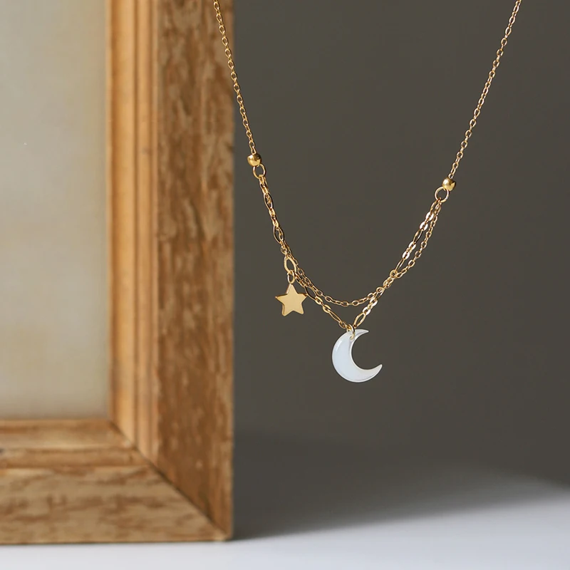 Double White Shell Moon Necklace Clavicle Chain Stainless Steel Jewelry Korean Fashion For Women Y2k Accessories Trend 2022