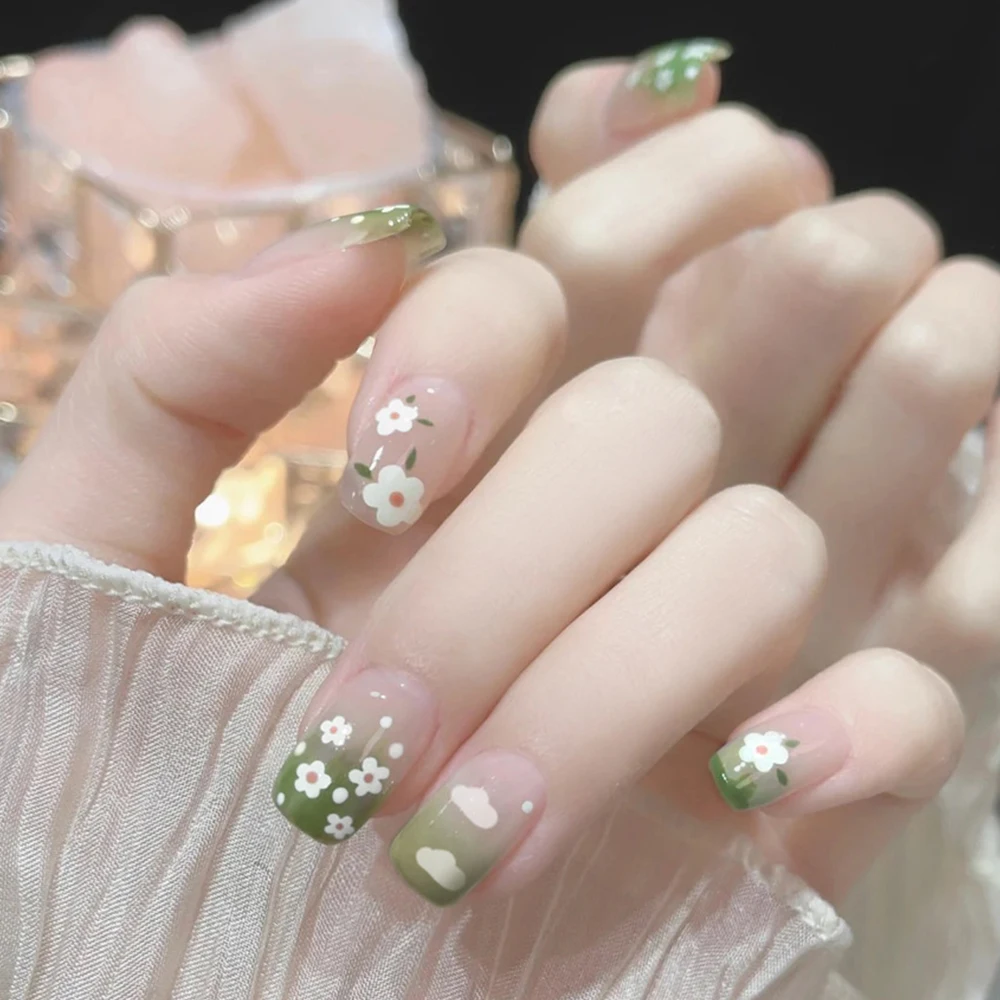 24pcs Medium Long Acrylic Fake Nails 3D Flower Pearl Design Press on Nails Ballerina Full Cover False Nails Tips for Women