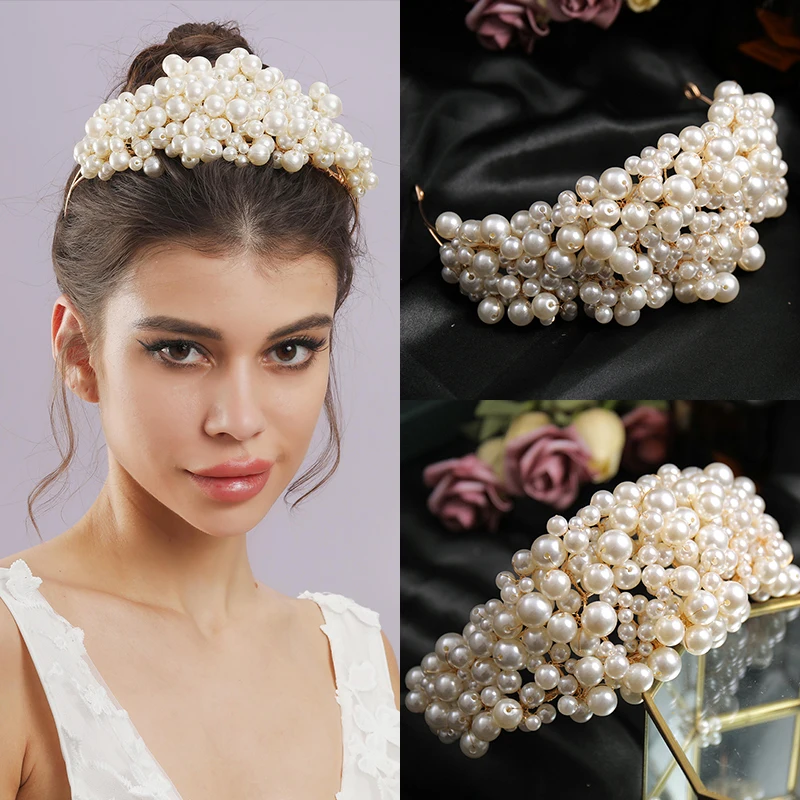 

Full Simulated Pearls Handamde Tiaras And Crowns Vintage Gold Headbands Princess Girls Hairbands Wedding Hair Ornaments