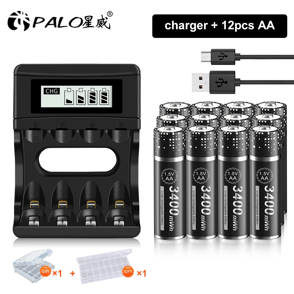 PLAO 3400mWh AA 1.5V akumulator litowy AA 1.5V akumulator litowo-jonowy + 4 kanałowy ładowarka do akumulatorów 1.5V AA AAA baterii