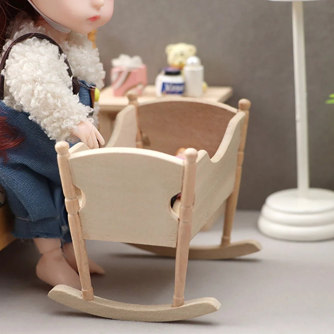 

B78B-1:12 Dollhouse Miniature Wooden Nursery Cradle Baby Crib Furniture Baby Bed Kids