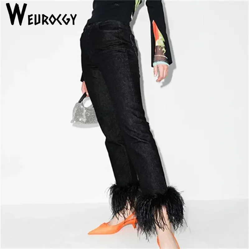 Imagem -02 - Outono Personalidade Novo Estilo Moda Cintura Alta Olhar Fina Splicing Feather Mulheres Denim Straight-leg Pants Estilo de Rua 2023