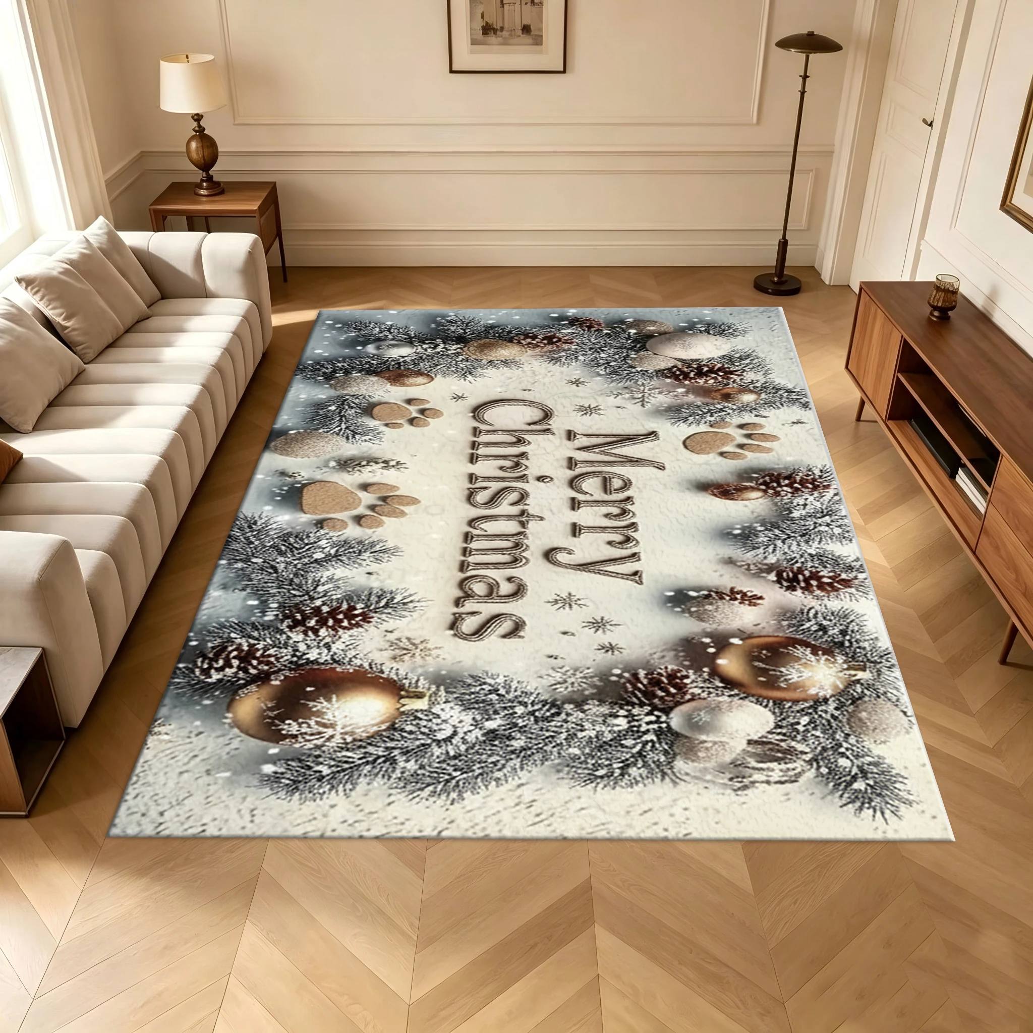 Merry Christmas Dog Paw Print Wreath Print Carpet Winter Holiday Floor Mat Carpet