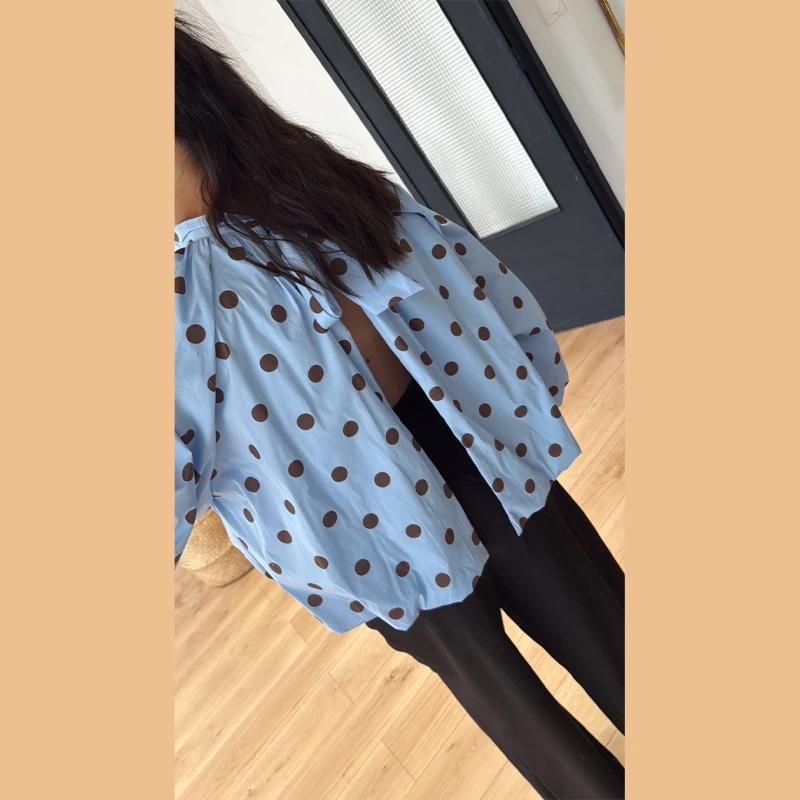 Elegant Chic Polka Dot Lace Up Shirt for Women Long Lantern Sleeve Backless Loose Blouse Top Summer Lady Fashion Casual Shirts