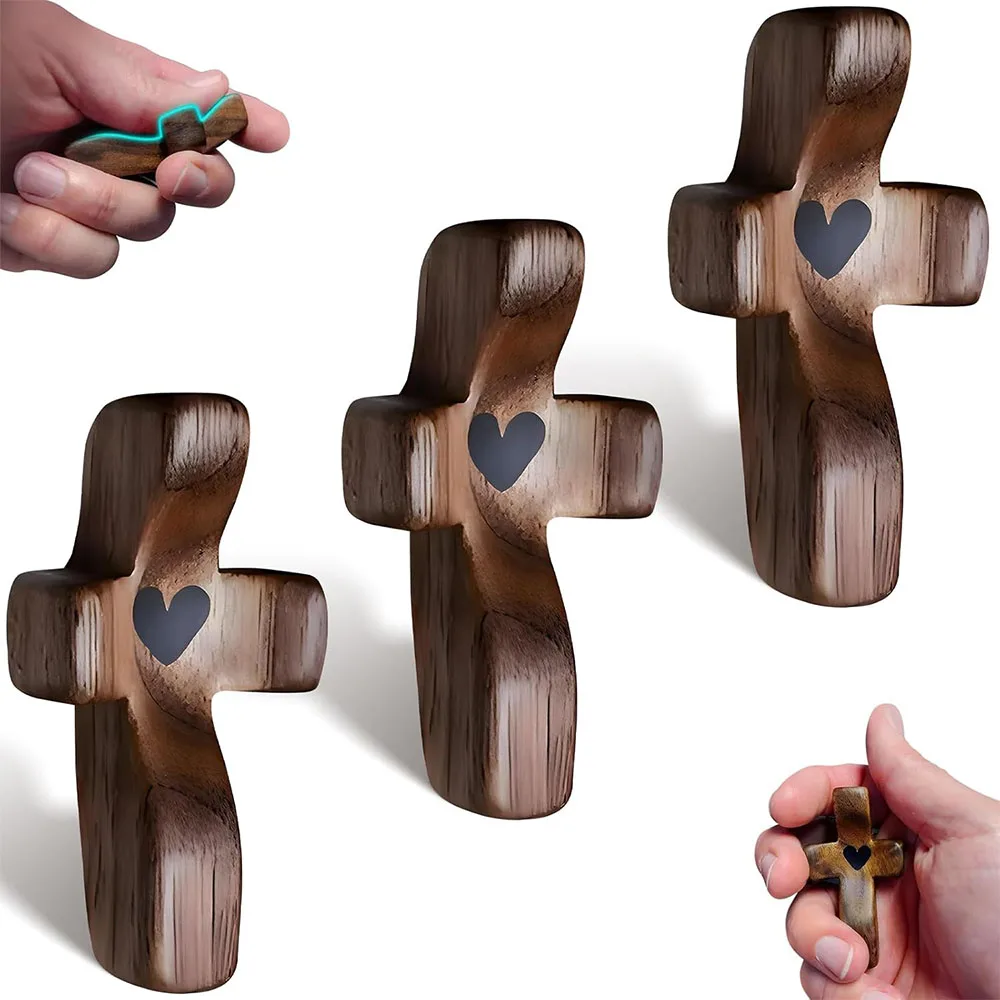 Cross My Heart Encouragement Gift Christian Prayer Handheld Walnut Wooden Cross with Heart To Carry In Pocket Emotional Support