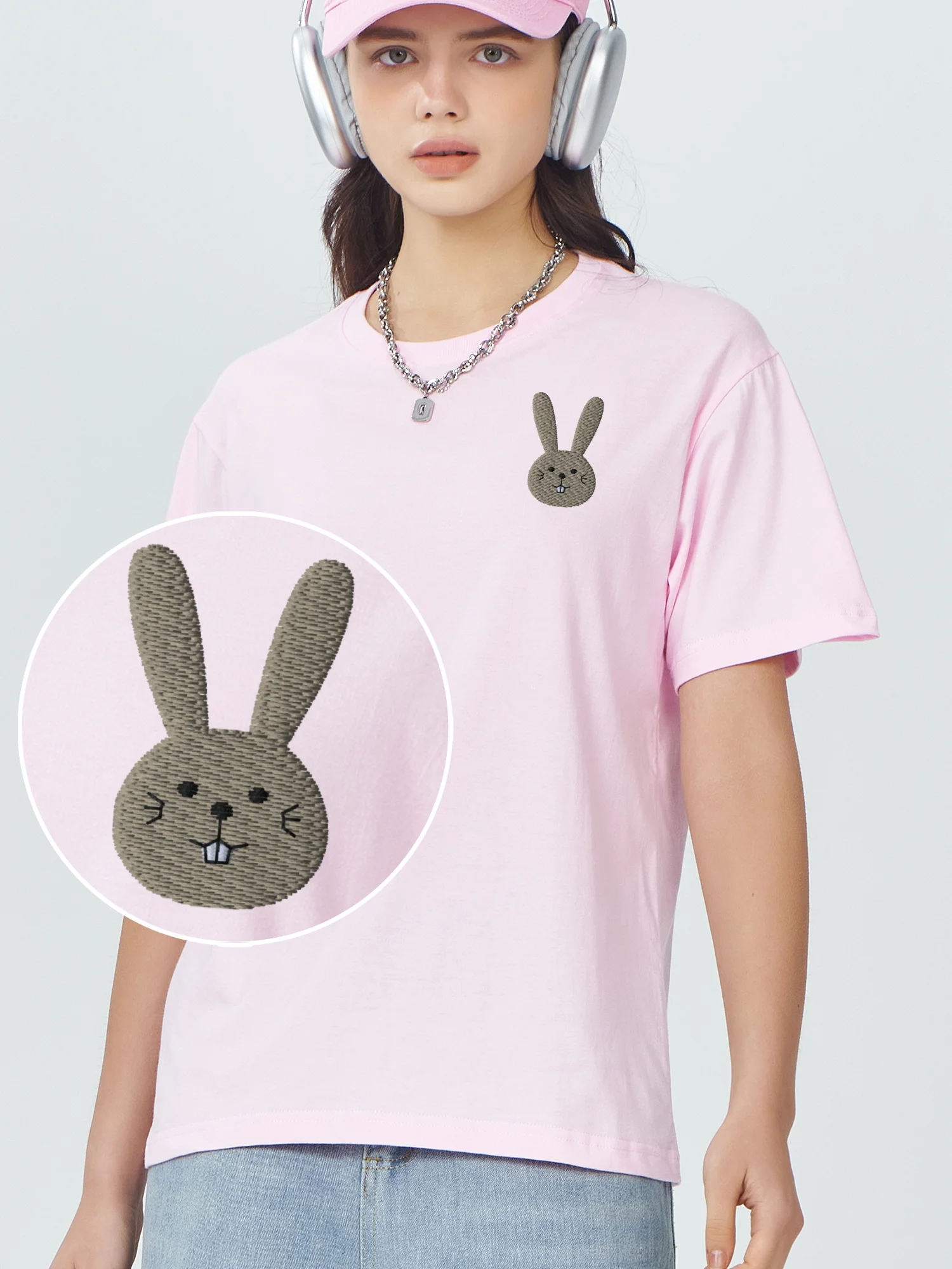 

Rabbit Embroidered Tshirt Rabbit 100% Cotton Embroidery T-Shirts Cute Rabbit Women Korean Fashion Autumn Tshirts