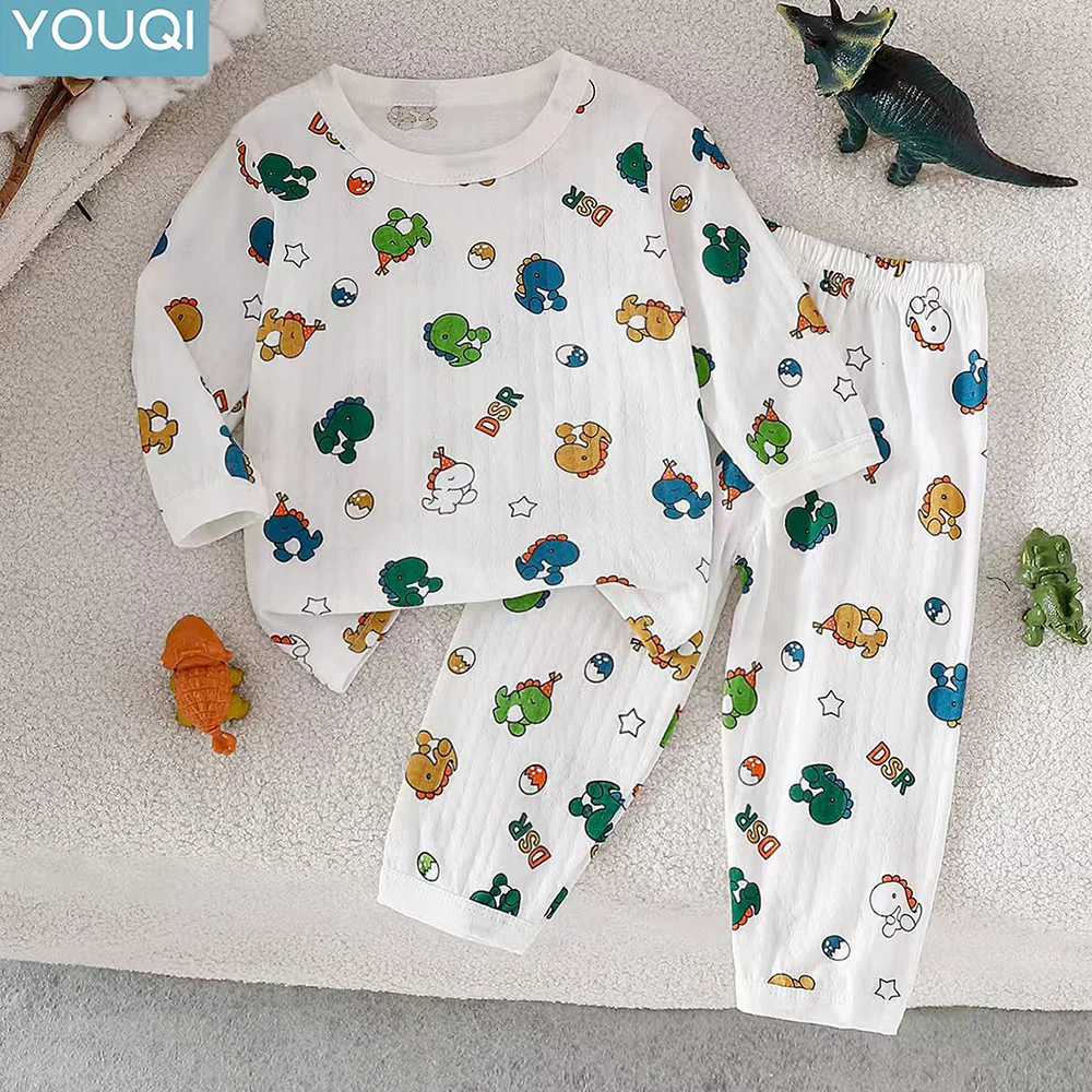 

Тонкий вязаный топ с длинными рукавами для маленьких мальчиков на весну и осень, милый красивый топ с рисунком динозавра полной ширины + повседневные штаны, пижама из двух предметов