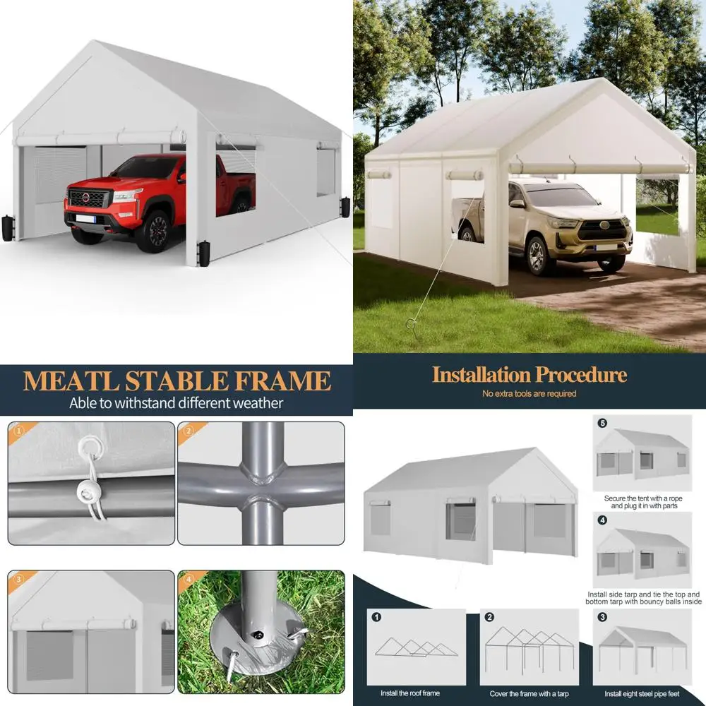 

carport 12' x 20' heavy duty portable garage, car port canopy with side-opening removable door & roll-up windows, car canopy fo